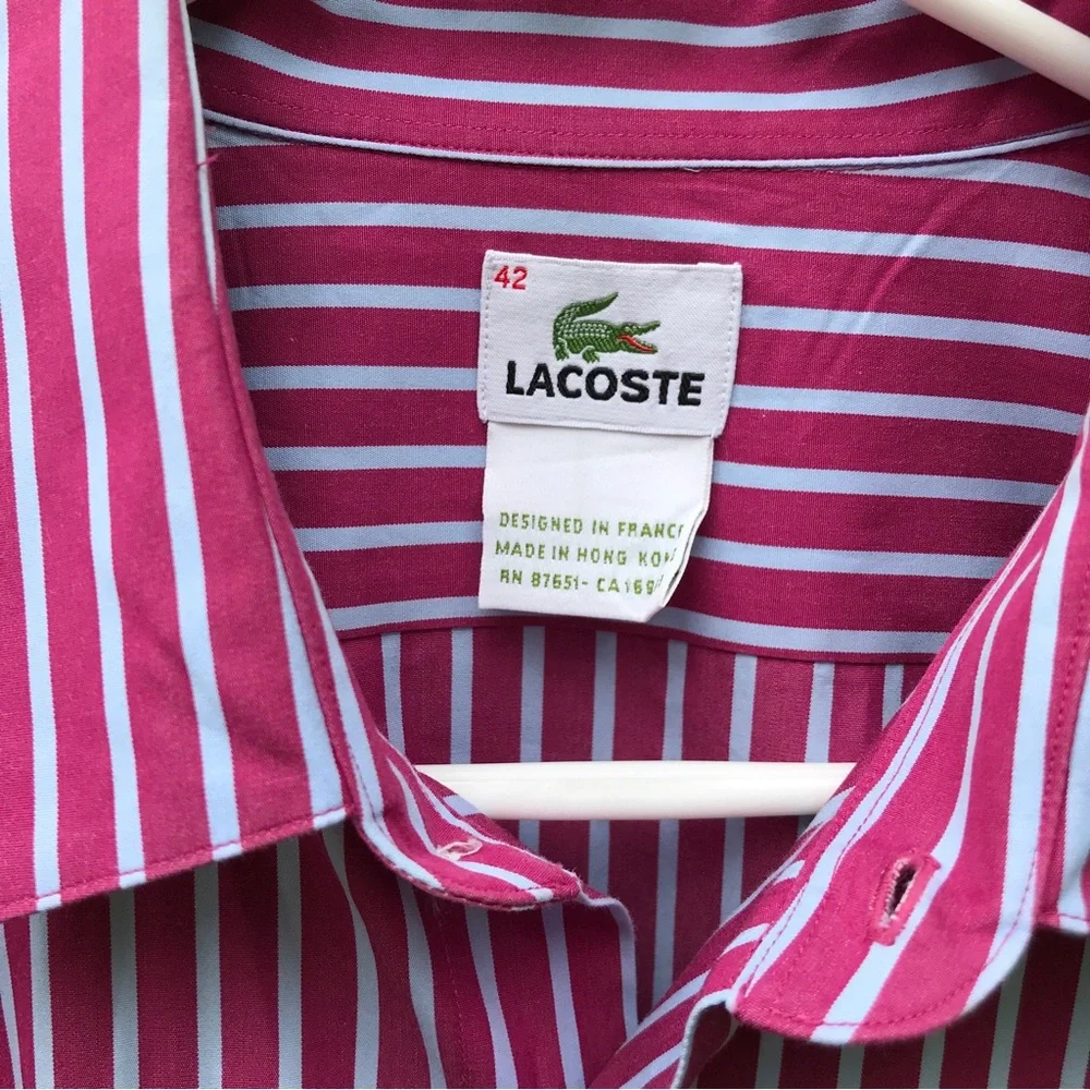 - Lacoste Dress Shirt Size 42 Pink and White Pinstriped - Picture 8 of 8